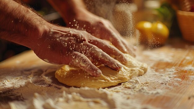 Foto amassando massa em um balcão de madeira da cozinha em casa assando