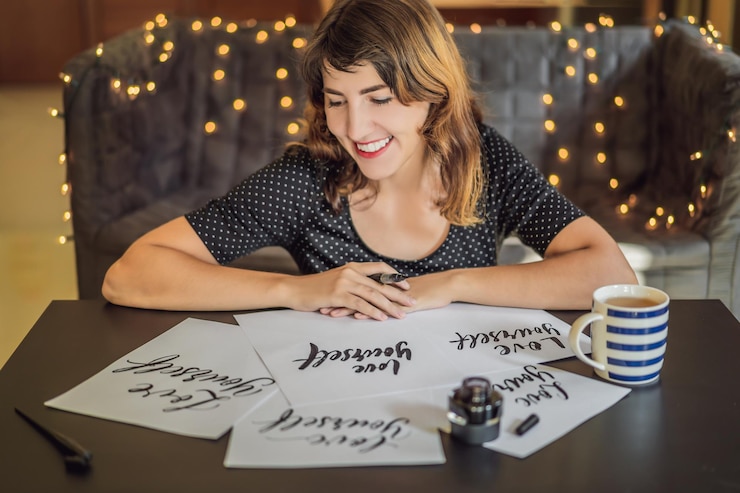 Foto ámate a ti mismo calígrafo mujer joven escribe frase en papel blanco inscribir letras decoradas ornamentales caligrafía diseño gráfico letras concepto de creación de escritura a mano