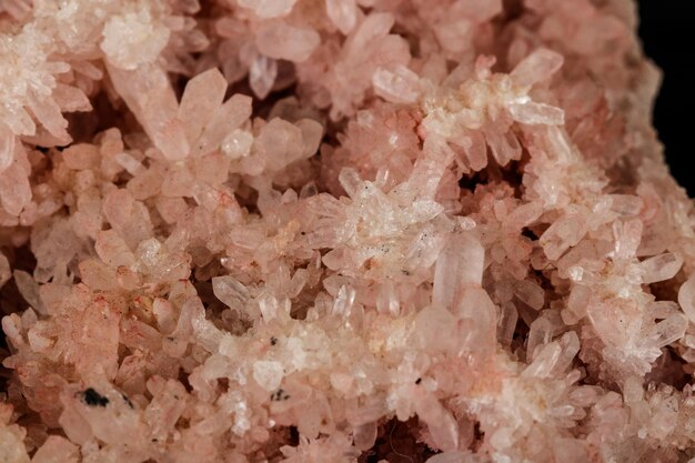 Amatista de cuarzo rosa mineral de piedra macro sobre un fondo negro