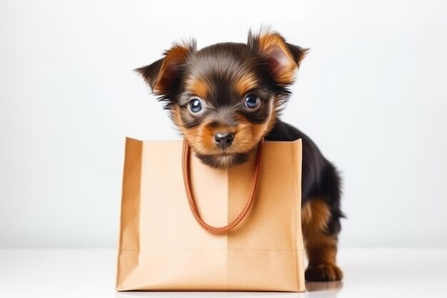 Foto amável cachorrinho castanho com saco de compras em fundo branco adorável ideia de presente