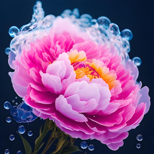 Amazing Peony con salpicaduras de agua y gotas generativas ai