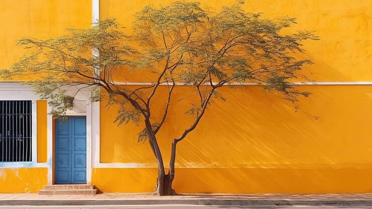 AmazingTree contra un edificio amarillo en Pondicherry Puducherry Tamil Nadu ai generativo