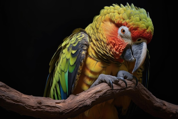 Amazon loro acicalándose sus plumas en una rama creada con IA generativa