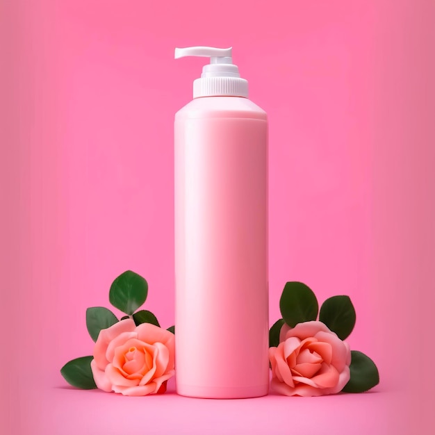 Amazon Product Picture Body Wash Zylinder Flasche Solide Farbe rosa Hintergrund mit Rosen KI Generative