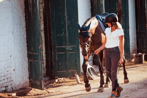 Amazona en uniforme y casco protector negro con su caballo.