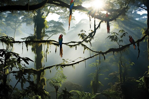 Amazonas-Regenwald Eine lebendige Symphonie von Flora und Fauna in einer nebligen Umgebung
