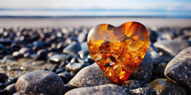 Foto Ámbar em forma de coração na areia da praia ao pôr-do-sol