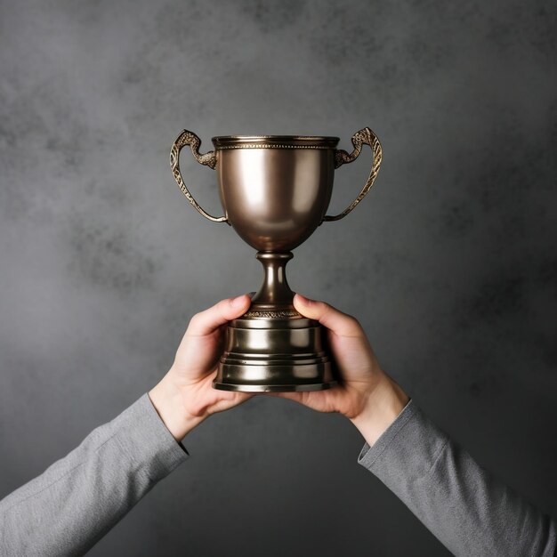 Ambas manos sosteniendo un trofeo de campeón de plata.