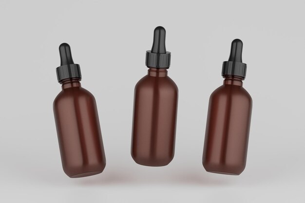 Amber Glass Dropper Mockup Mehrere Flaschen 3D-Rendering