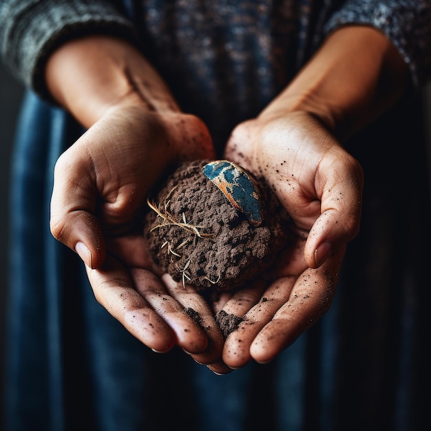 Foto ambientalista de vida sostenible mano que sostiene la tierra seca