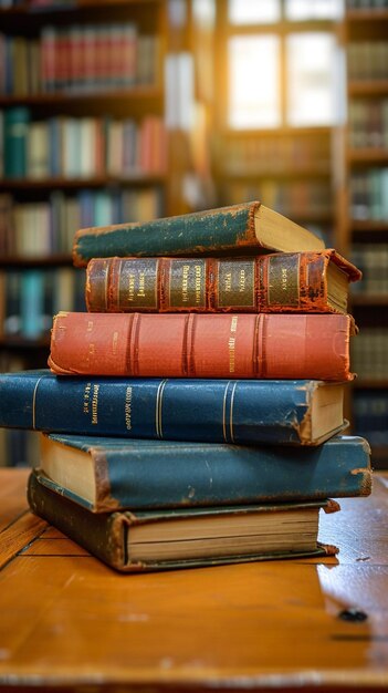 Foto ambiente acadêmico livros antigos empilhados sobre uma mesa de madeira rústica papel de parede vertical para celular