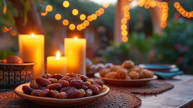 Ambiente aconchegante à luz de velas com pratos tradicionais de tâmaras e espírito de união com espaço para texto