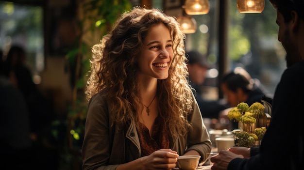 Ambiente de amigos feliz mientras toma café en una cafetería.