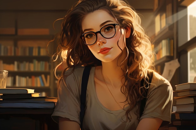 Ambiente de biblioteca: una chica estudiosa, nerd pero seductora, sentada en tranquila contemplación absorbiendo el conocimiento de las páginas de un libro.