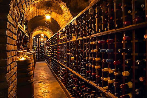 Foto ambiente de la bodega una imagen que captura el ambiente de una bodega de vino débilmente iluminada