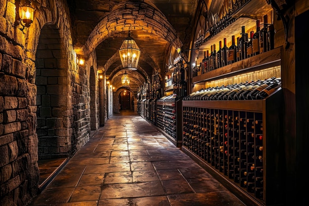 Ambiente de la bodega una imagen que captura el ambiente de una bodega de vino débilmente iluminada