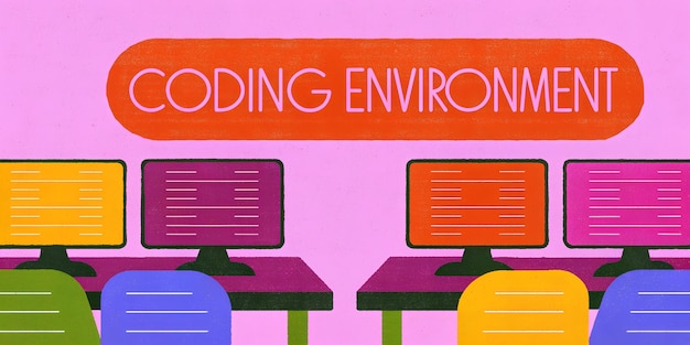 Ambiente de codificación vibrante con coloridos escritorios y sillas de computadora