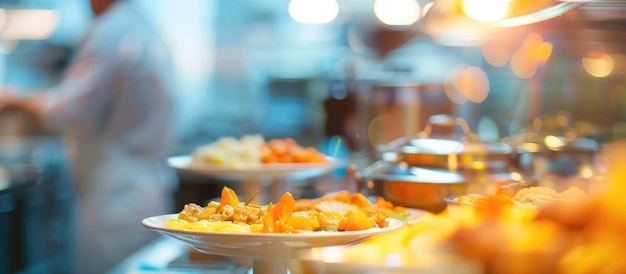 Foto ambiente de buffet de pequeno-almoço abstrato na área de refeições do hotel