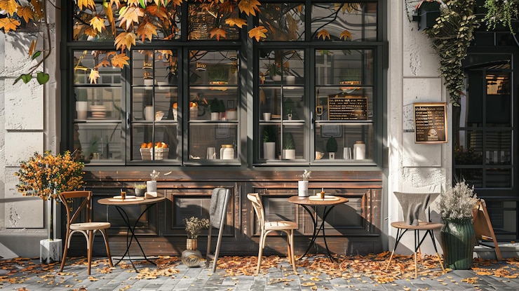 Foto ambiente de café europeu com cores de outono, móveis leves e plantas realistas