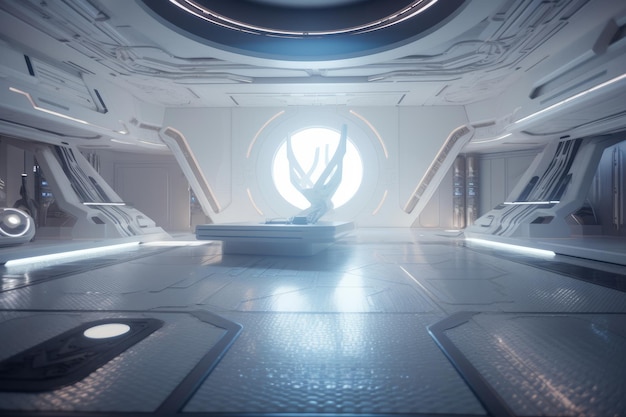 Ambiente de dojo de estúdio de ioga futurista a bordo de um espaço de templo de nave espacial branco puro