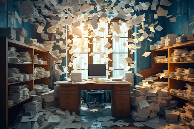 Ambiente de escritório desordenado com documentos voando em desordem