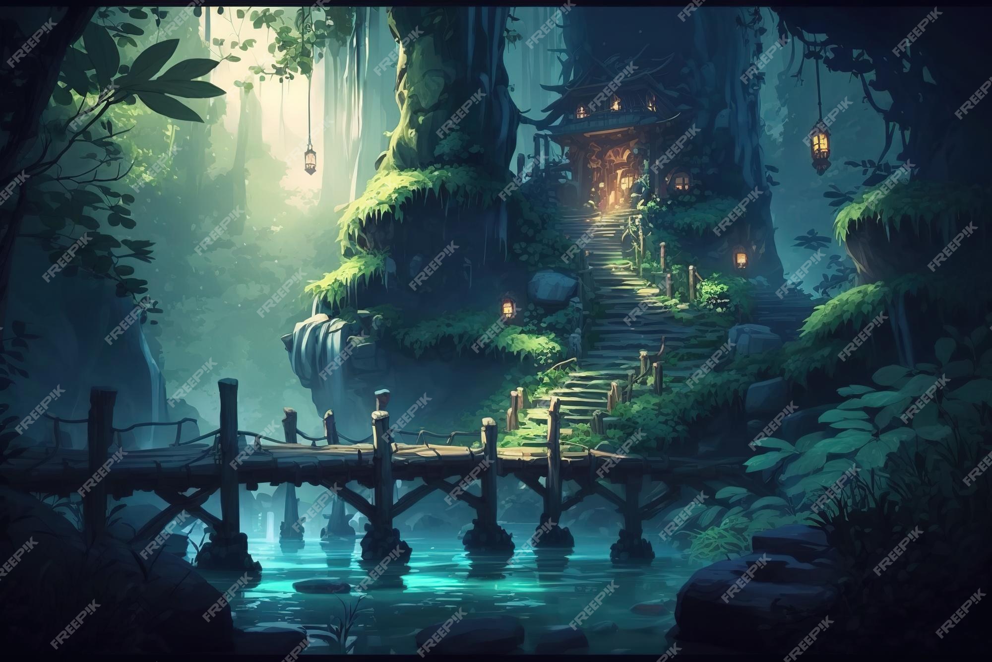 Ambiente de fantasia de uma floresta mágica no estilo de arte anime