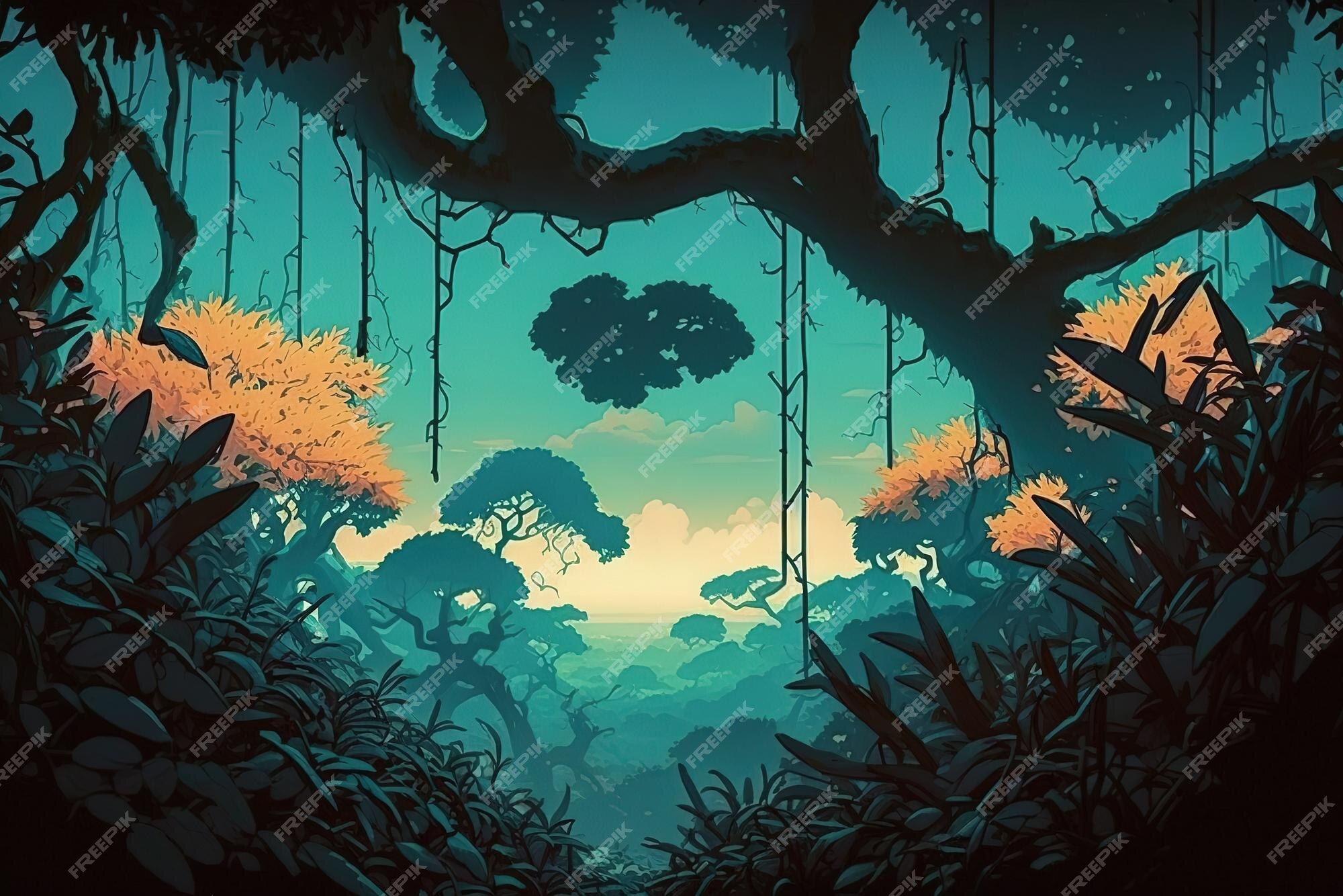 Ambiente de fantasia de uma floresta mágica no estilo de arte anime