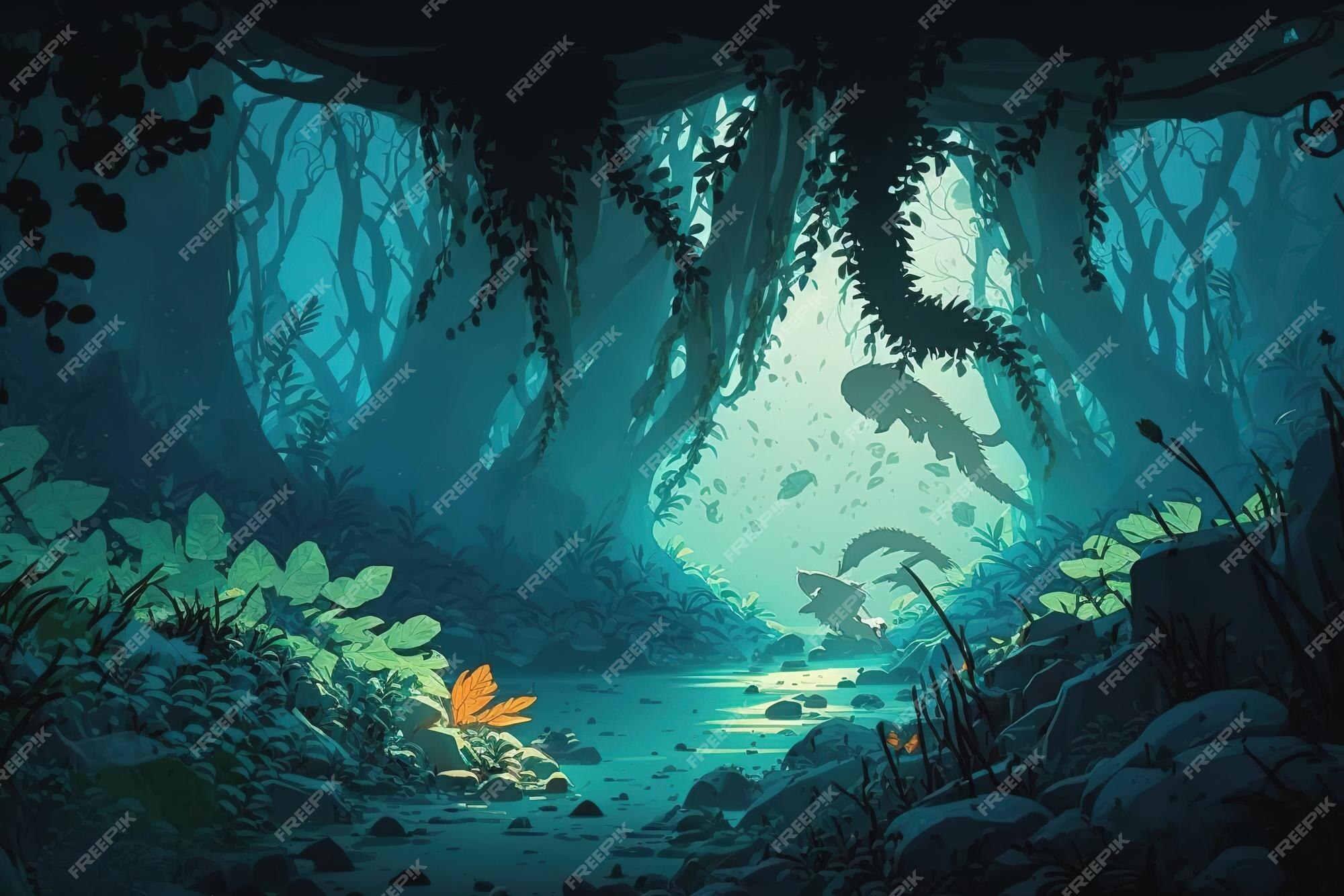 Ambiente de fantasia de uma floresta mágica no estilo de arte anime