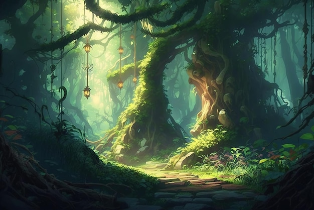 Ambiente de fantasia de uma floresta mágica no estilo de arte anime