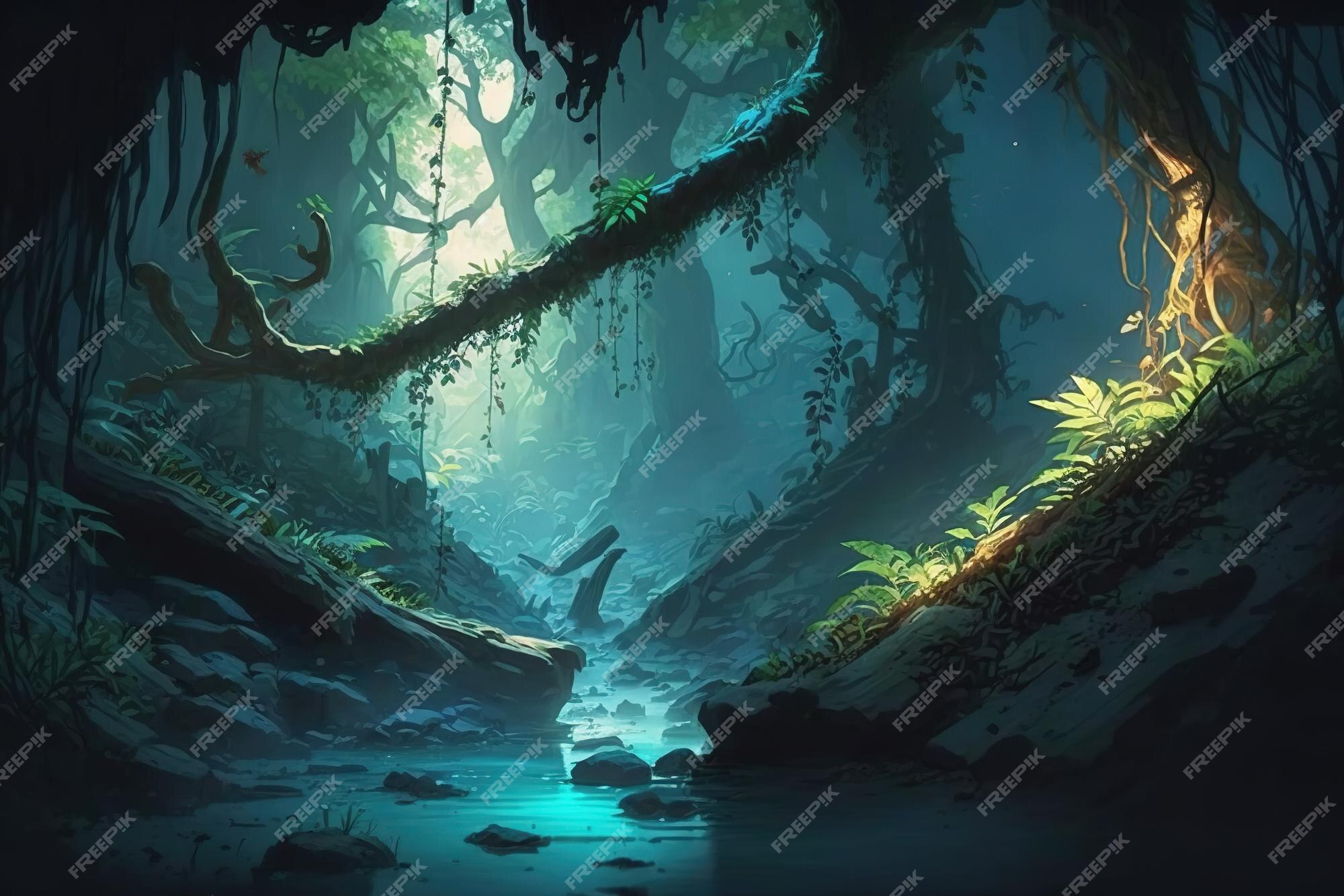 Ambiente de fantasia de uma floresta mágica no estilo de arte anime