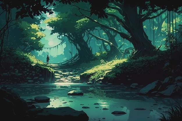 Ambiente de fantasia de uma floresta mágica no estilo de arte anime