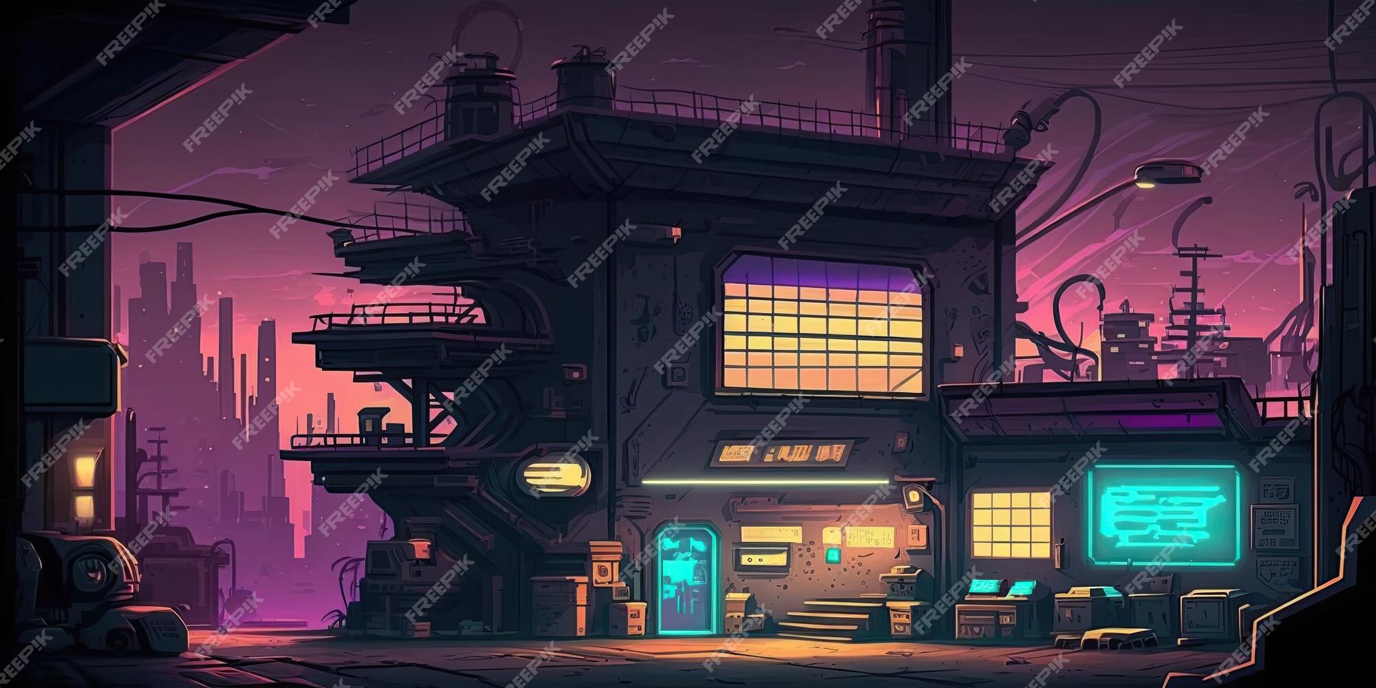 Ambiente de fundo 2d cyberpunk city para um jogo móvel de arena de