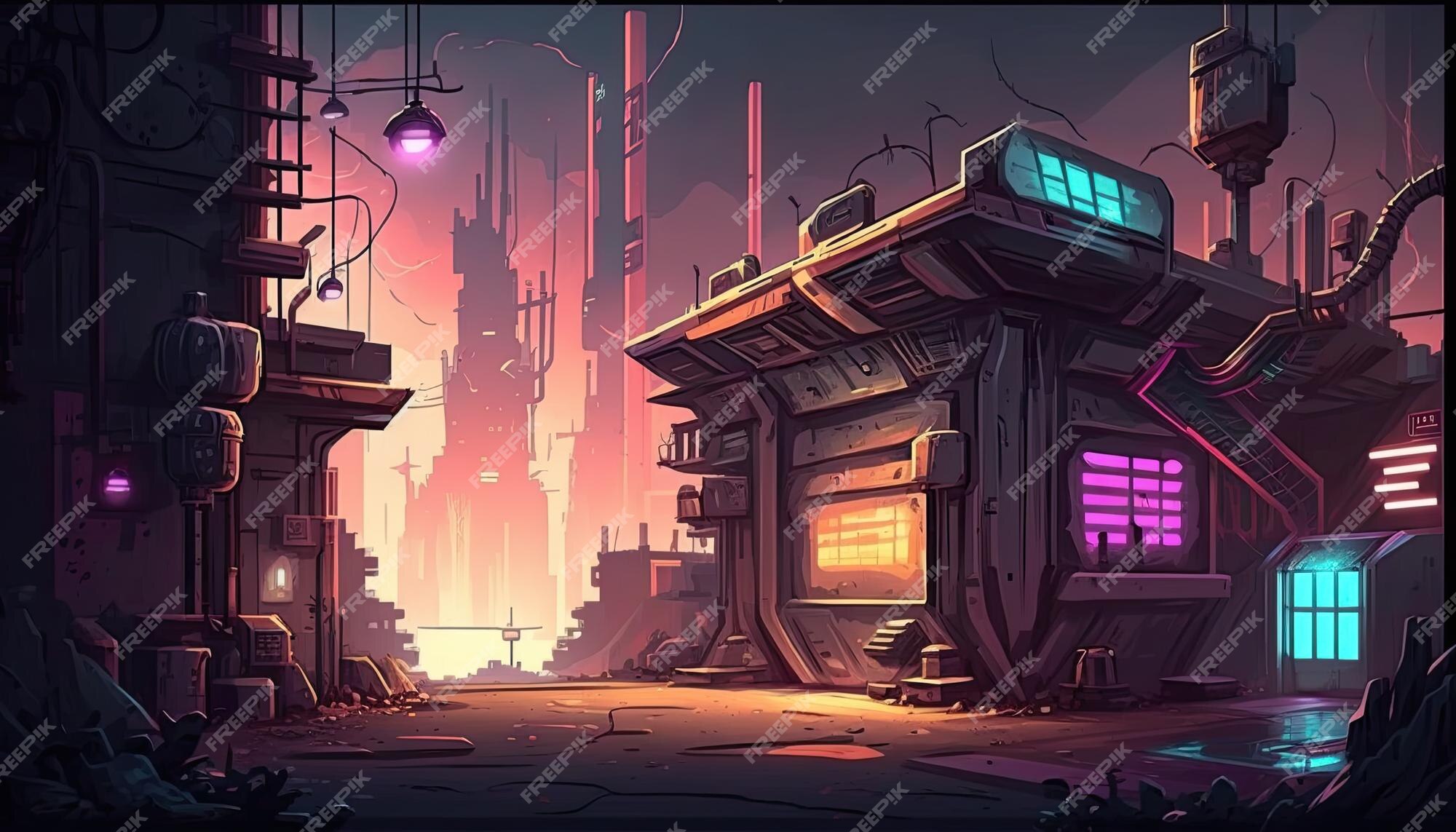 Ambiente de fundo 2d cyberpunk city para um jogo móvel de arena de