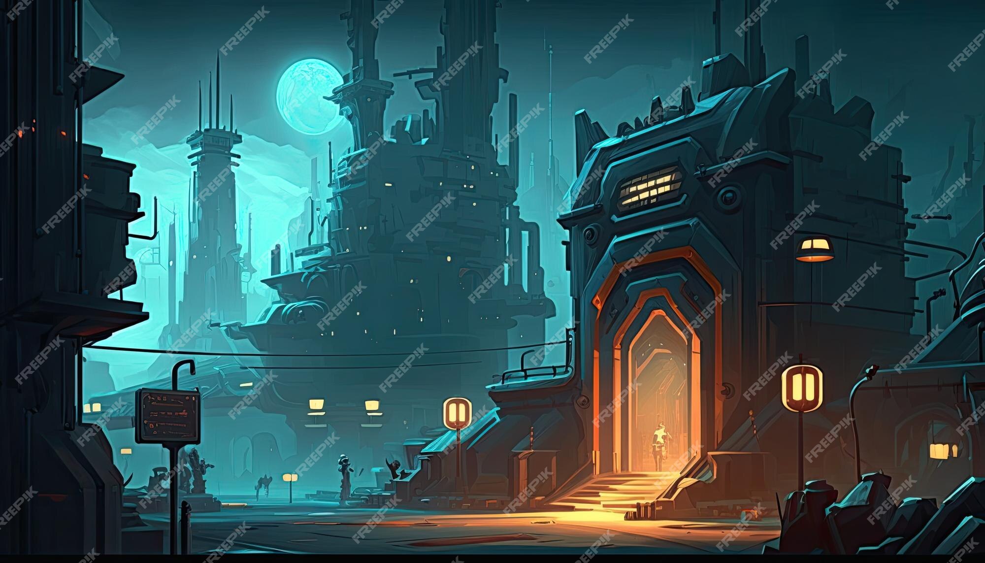 Ambiente de fundo 2d cyberpunk city para um jogo móvel de arena de