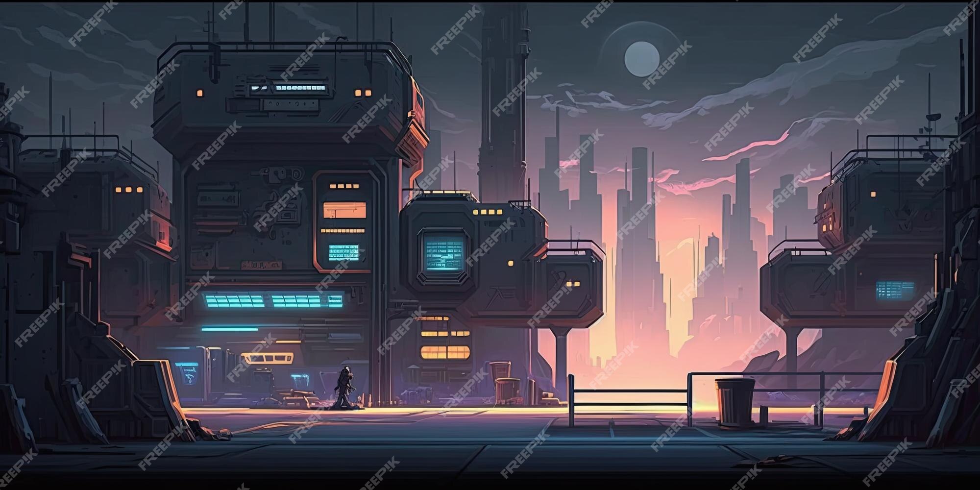 Ambiente de fundo 2d cyberpunk city para um jogo móvel de arena de