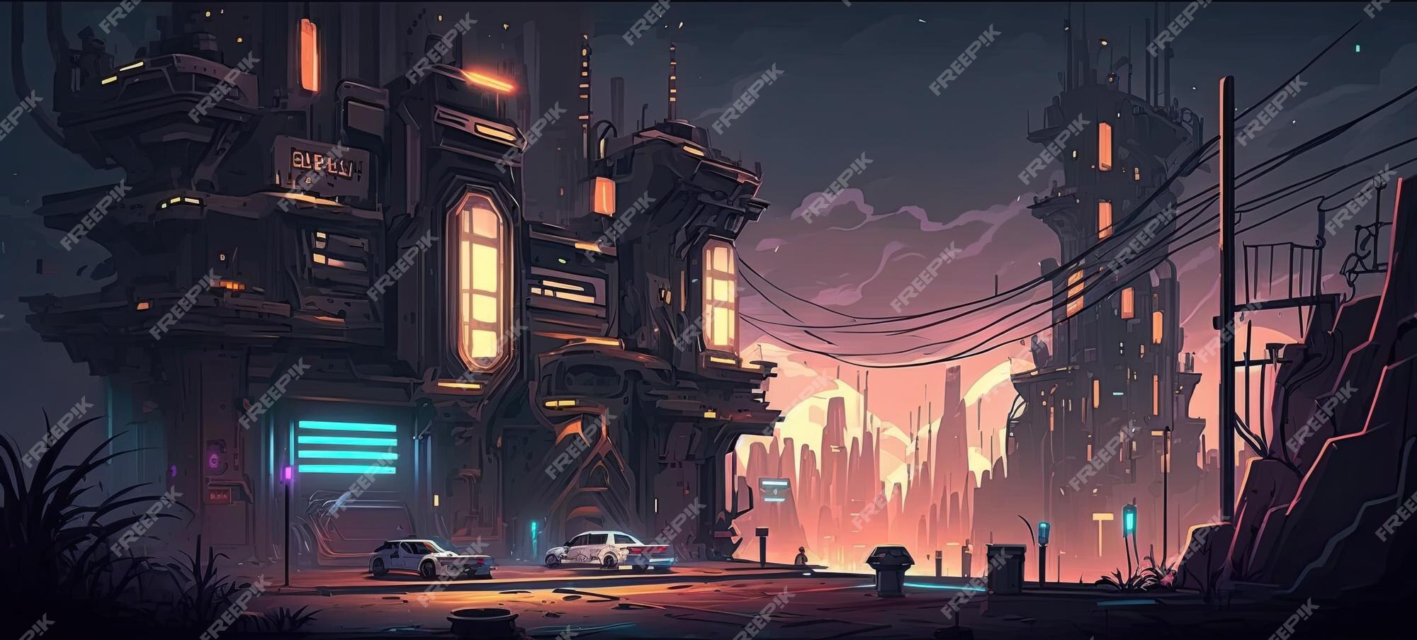 Ambiente de fundo 2d cyberpunk city para um jogo móvel de arena de