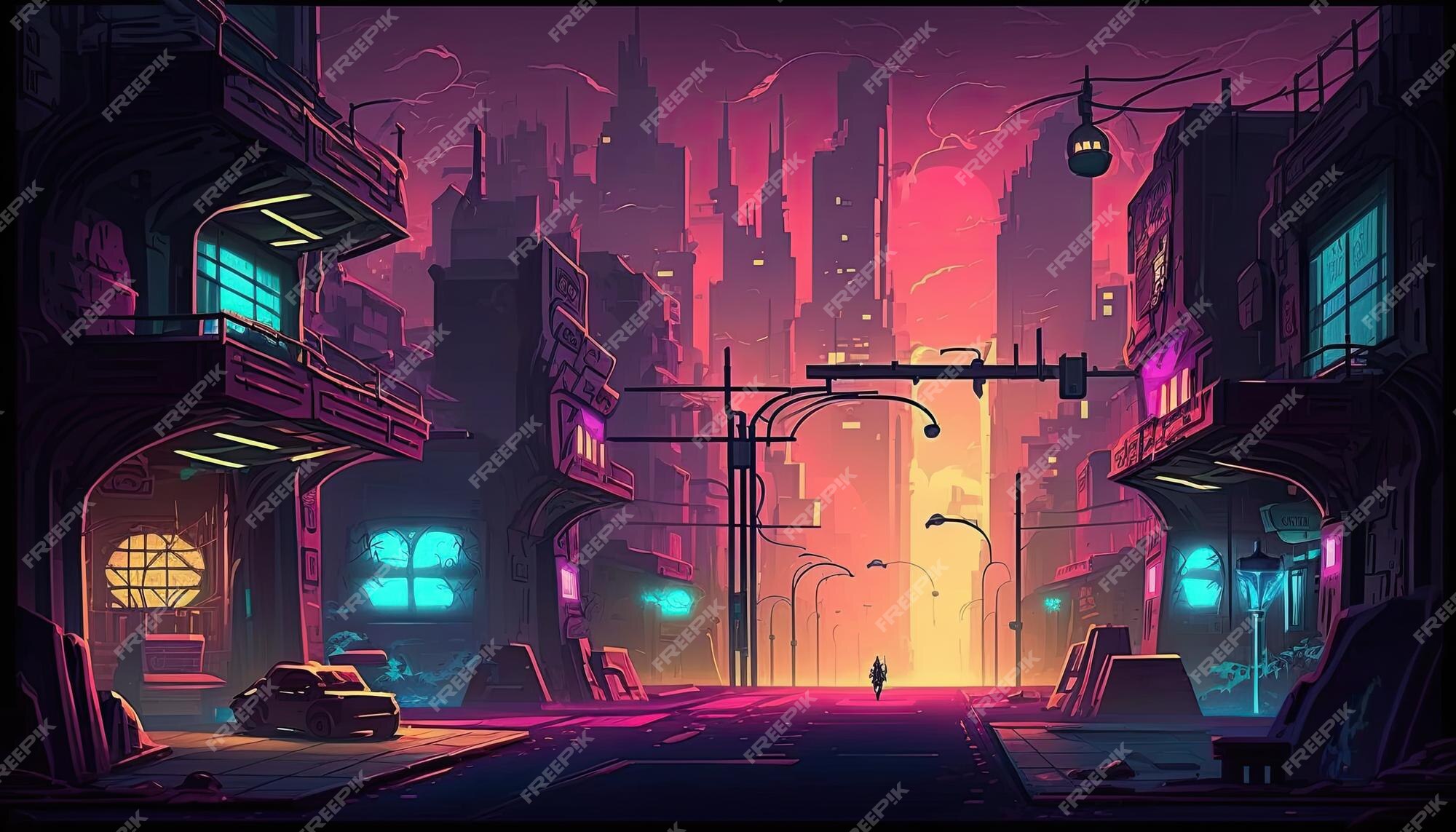 Ambiente de fundo 2d cyberpunk city para um jogo móvel de arena de