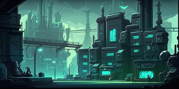 Ambiente de fundo 2D Cyberpunk City para um jogo móvel de arena de batalha Generative ai