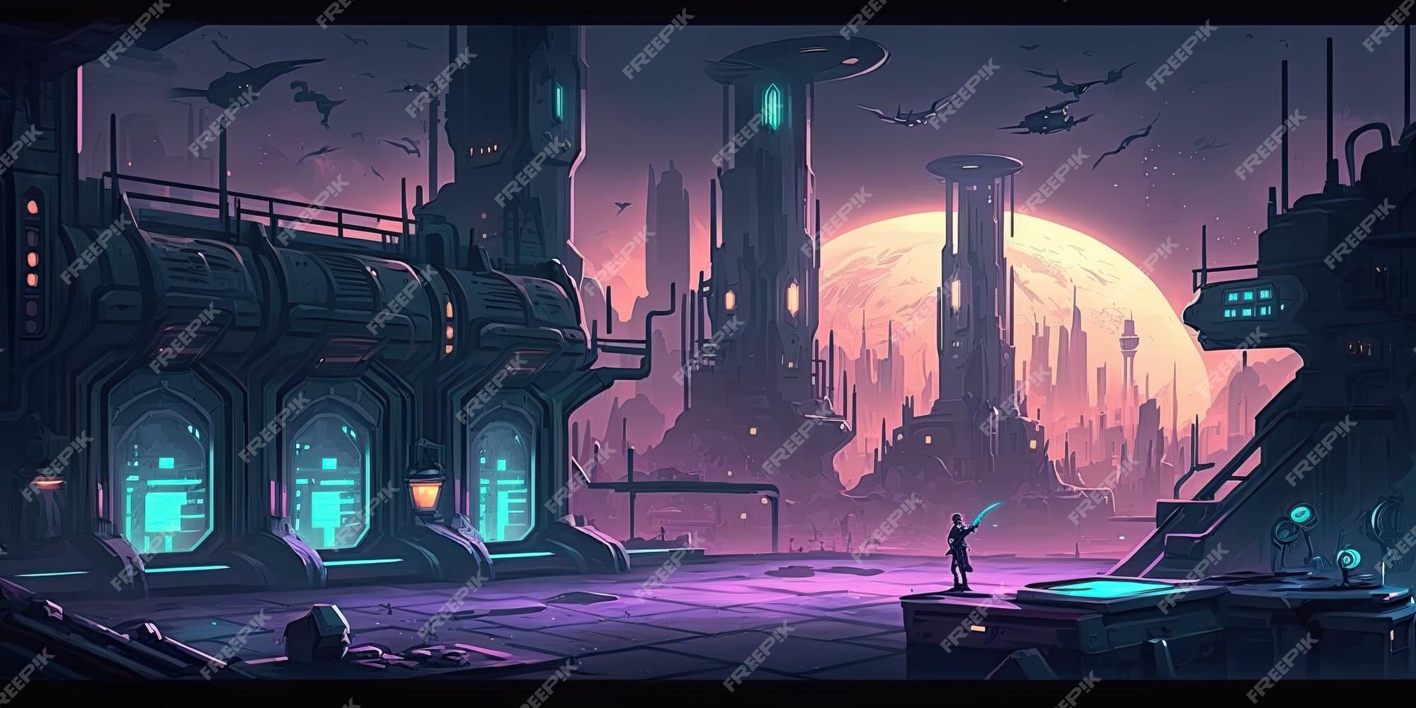 Ambiente de fundo 2d cyberpunk city para um jogo móvel de arena de