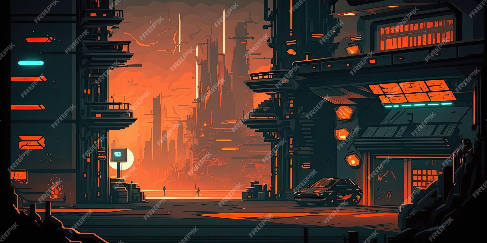 Ambiente de fundo 2d cyberpunk city para um jogo móvel de arena de