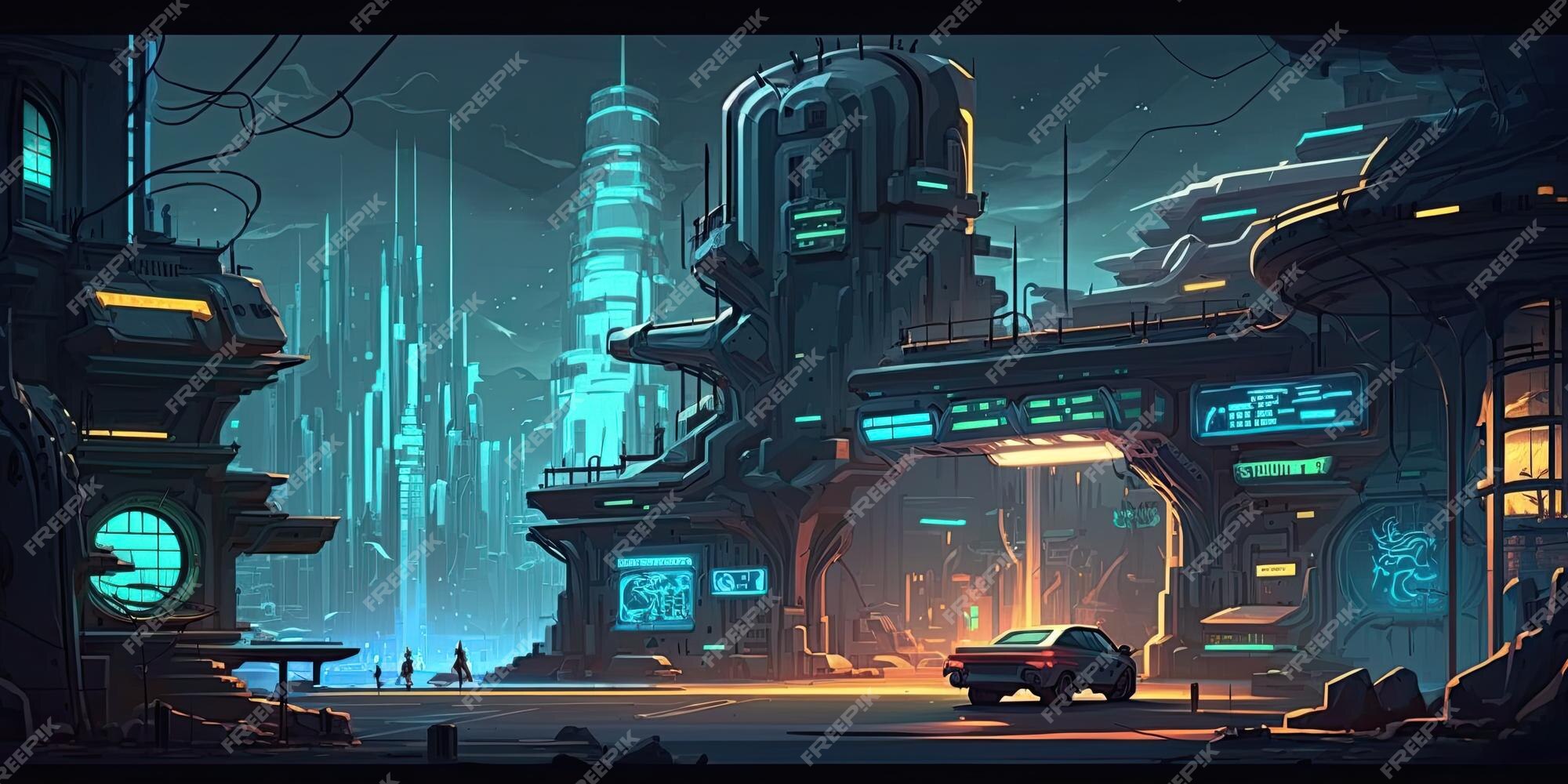 Ambiente de fundo 2d cyberpunk city para um jogo móvel de arena de