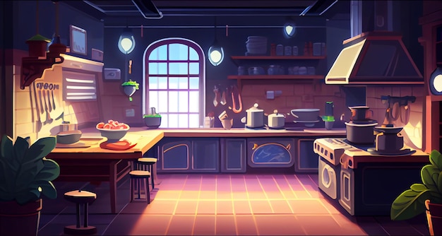 Ambiente de fundo 2D da cozinha do restaurante para um jogo móvel Uma paisagem de fundo horizontal de alta qualidade Localização do design do modelo de jogo Generative ai