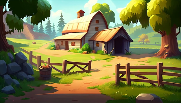 Ambiente de fundo 2D da fazenda para um jogo para celular Uma paisagem de fundo horizontal de alta qualidade Localização do design do modelo de jogo Generative ai