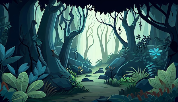 Ambiente de fundo 2D de floresta profunda para um jogo para celular Uma paisagem de fundo horizontal de alta qualidade Localização do design do modelo de jogo Generative ai