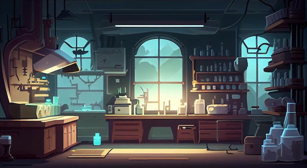 Ambiente de fundo 2d de laboratório para um jogo móvel uma paisagem de fundo horizontal de alta qualidade localização do design do modelo de jogo ia generativa