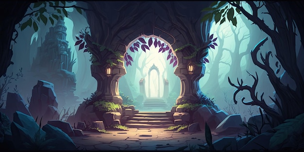 Ambiente de fundo 2D Magical Portal para um jogo móvel de arena de batalha Generative ai