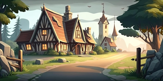 Ambiente de fundo 2D Medieval Village para um jogo móvel de arena de batalha Generative ai