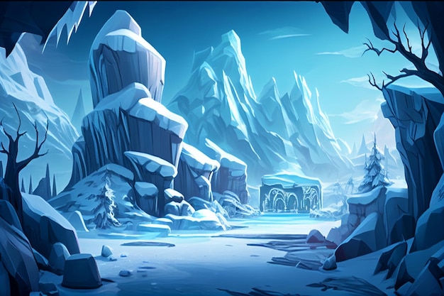Ambiente de fundo de neve de gelo 2d para um jogo móvel de arena de batalha