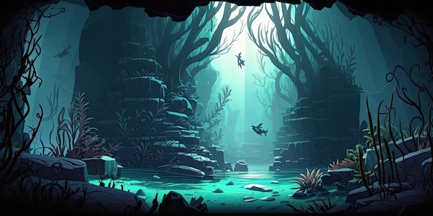 Ambiente de fundo do mar 2D subaquático para um jogo móvel de arena de batalha Generative ai