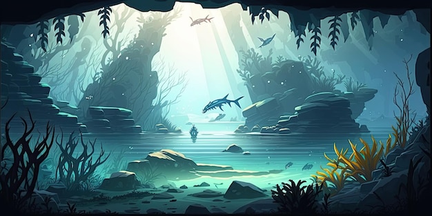 Ambiente de fundo do mar 2D subaquático para um jogo móvel de arena de batalha Generative ai